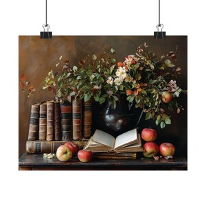 Vintage Book Decor, Autumn Still Life Art, Antique Books, Apples and Flowers, Rustic Home Decor, Classic Literature, Fall Nature Art Print image 9
