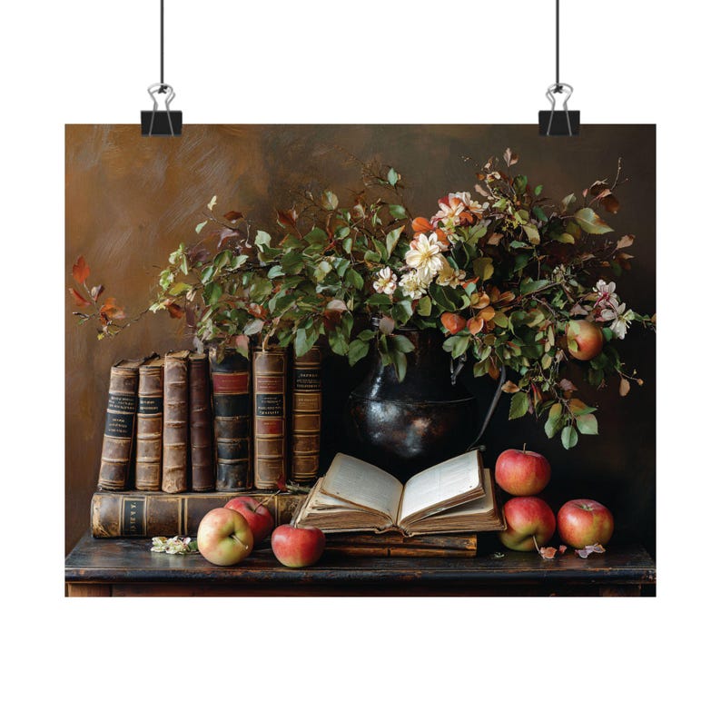 Vintage Book Decor, Autumn Still Life Art, Antique Books, Apples and Flowers, Rustic Home Decor, Classic Literature, Fall Nature Art Print image 9