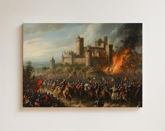 Medieval Battle Canvas, Castle Siege Wall Art, Historical War Scene Print, Knight Army Artwork, Dark Fantasy Decor, Matte Canvas Print