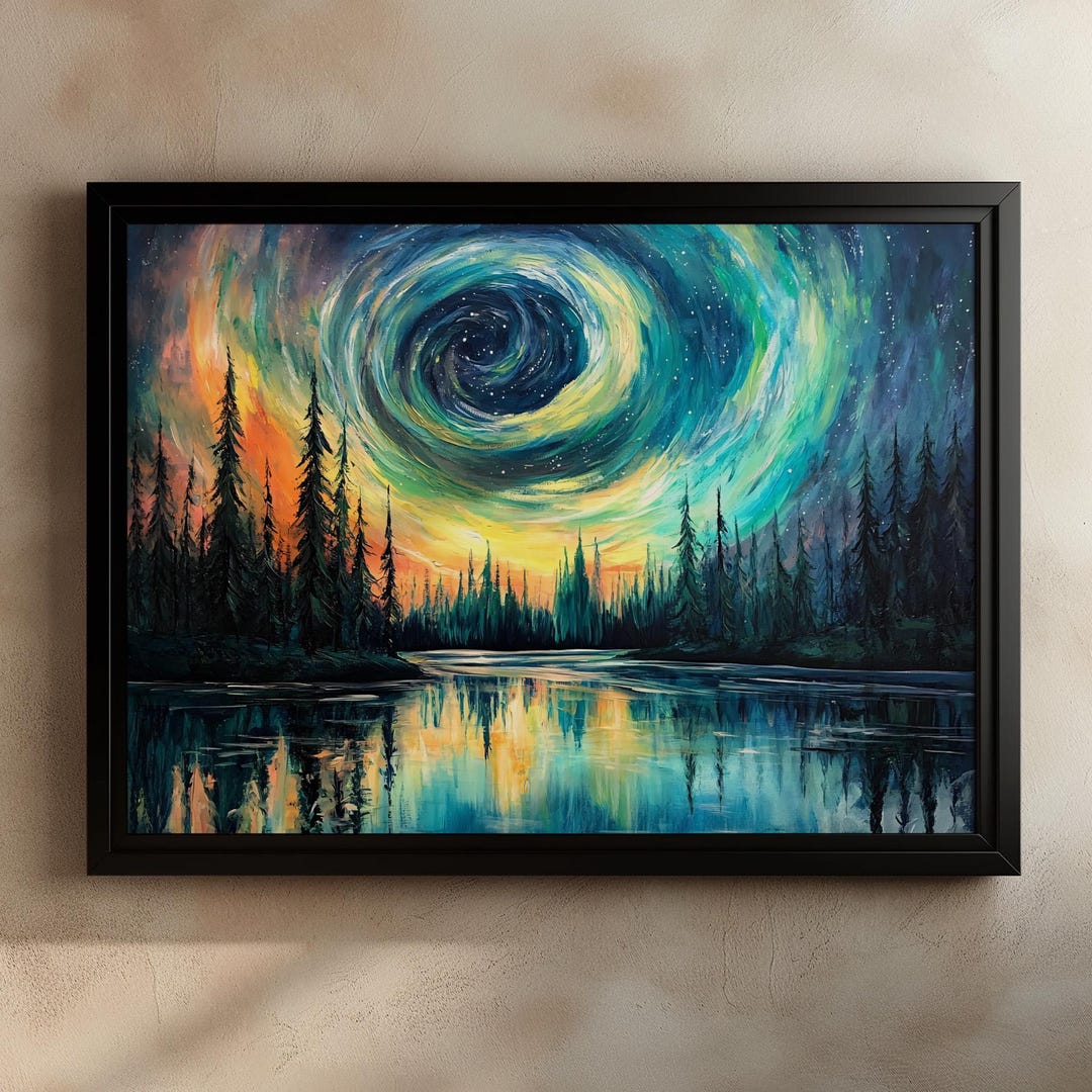 Northern Lights Forest Painting, Psychedelic Sky Swirl Art, Aurora