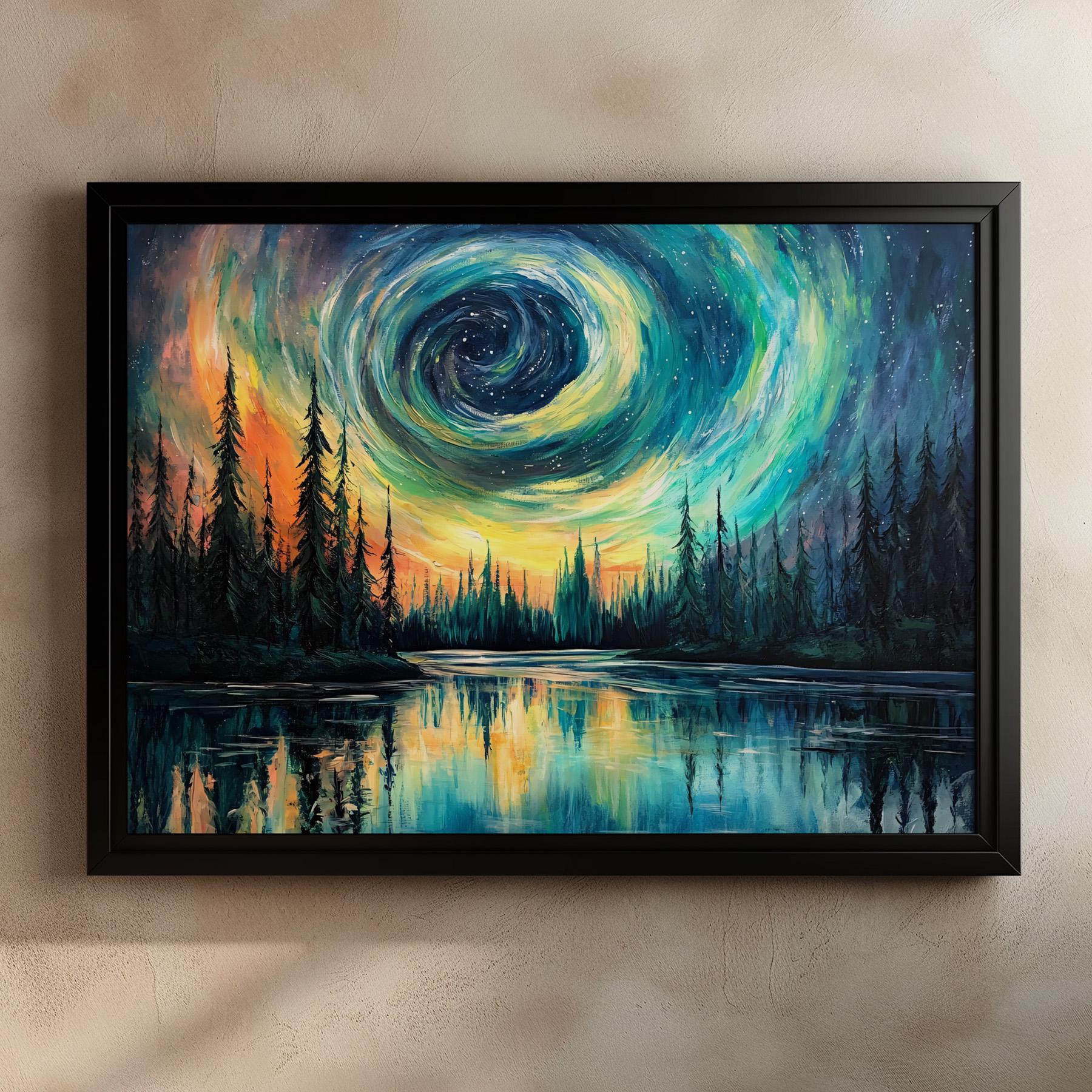 Northern Lights Forest Painting, Psychedelic Sky Swirl Art, Aurora