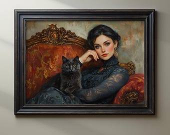 May include: A woman in a blue lace dress sits in a red velvet armchair with a black cat. She has dark hair and wears earrings. The chair is ornately carved and has a gold finish.