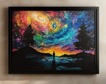 Cosmic Landscape Art, Galaxy Painting, Colorful Nebula, Abstract Night Sky, Celestial Wall Decor, Starry Sky Artwork, Universe Art Print