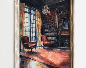 Vintage Library Wall Art, Cozy Study Room Decor, Elegant Home Office Print, Literary Aesthetic, Antique Bookshelf Poster, Reading Room Decor