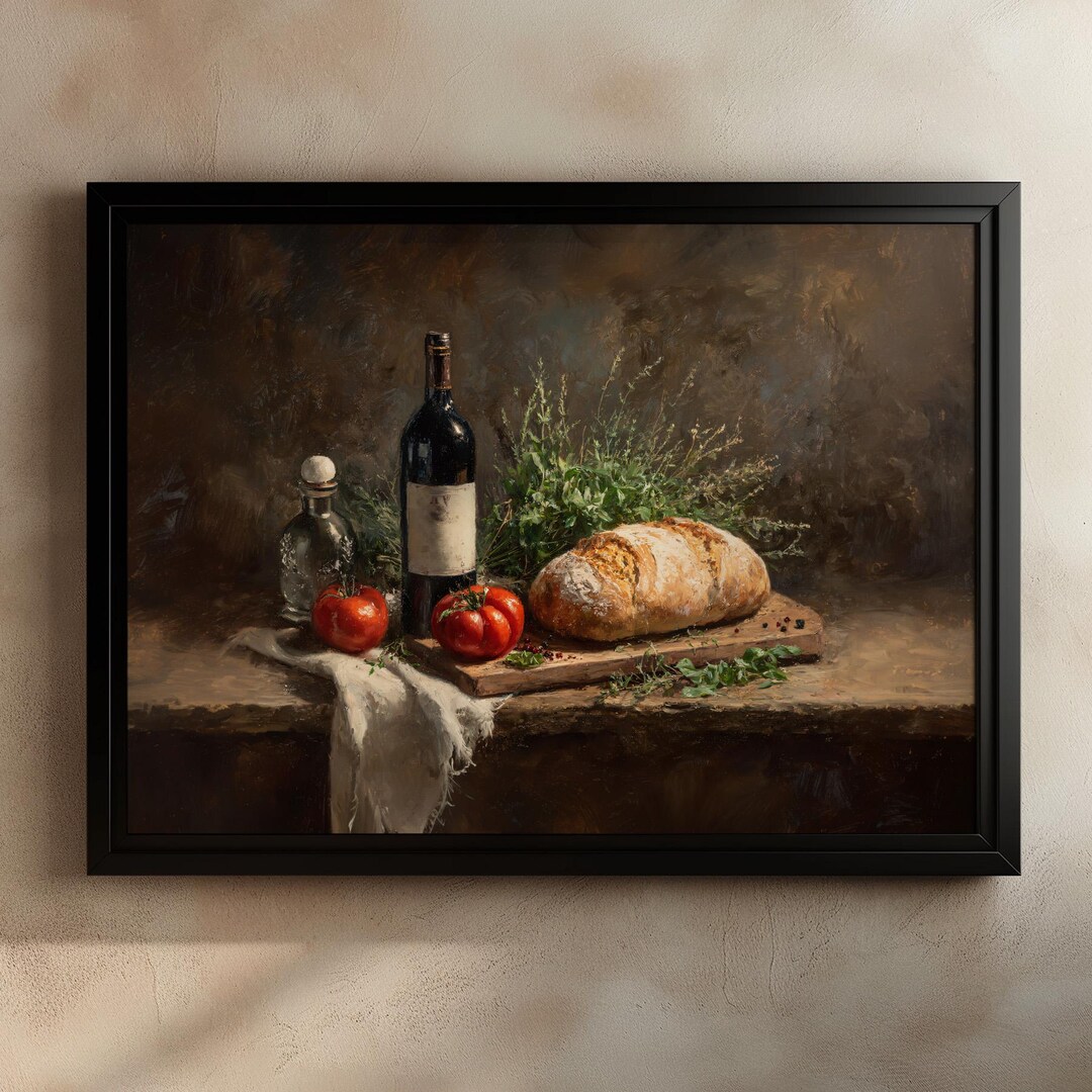 Rustic Bread and Wine Still Life Print, Italian Kitchen Wall Art, Cozy ...