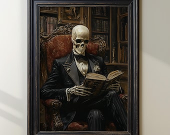 Gothic Skeleton Art Print, Skeleton in Suit Reading, Elegant Dark Academia Decor, Skull Aesthetic Art, Vintage Library Art, Halloween Decor