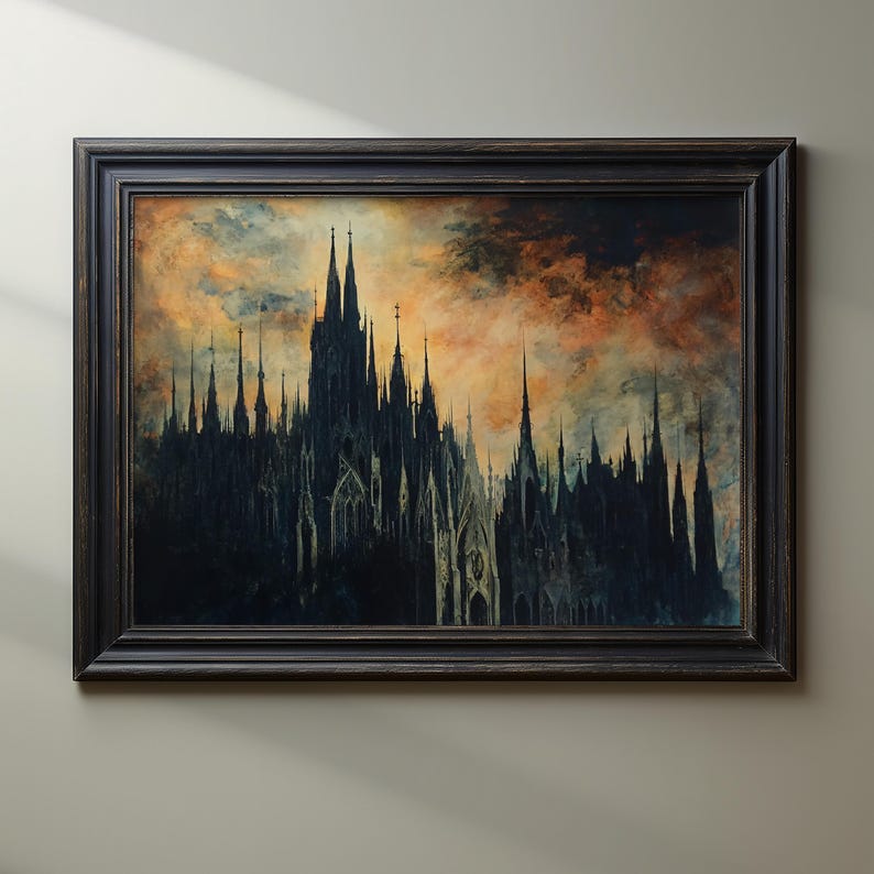 Gothic Cathedral Art Print, Dark Architecture Wall Art, Dramatic Sunset Decor, Spooky Gothic Decor, Gothic Church Painting, Moody Wall Art image 4