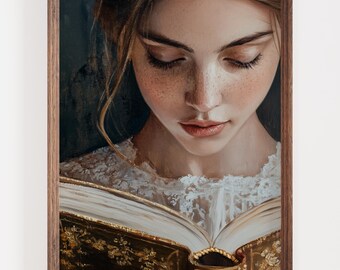 May include: A painting of a woman with long brown hair, wearing a white lace top, looking down at a book with a gold cover. The woman has freckles and her eyes are closed.