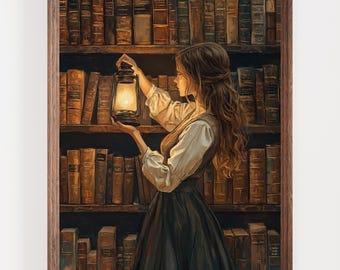 Vintage Library Lantern Art Print, Dark Academia Aesthetic, Book Lover's Wall Decor, Cozy Reading Room Artwork, Gothic Literary Painting
