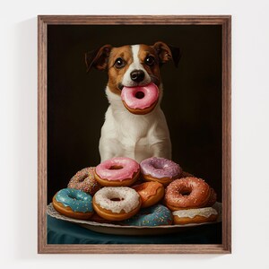 Funny Dog With Donut, Jack Russell Terrier Print, Cute Dog Wall Art, Donut Lover Print Dog Kitchen Decor, Pet Portrait, Colorful Donuts Art image 2