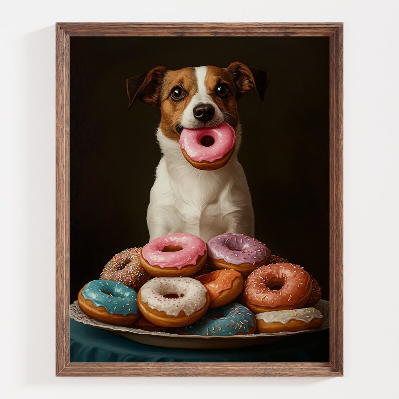 Funny Dog With Donut, Jack Russell Terrier Print, Cute Dog Wall Art, Donut Lover Print Dog Kitchen Decor, Pet Portrait, Colorful Donuts Art image 2