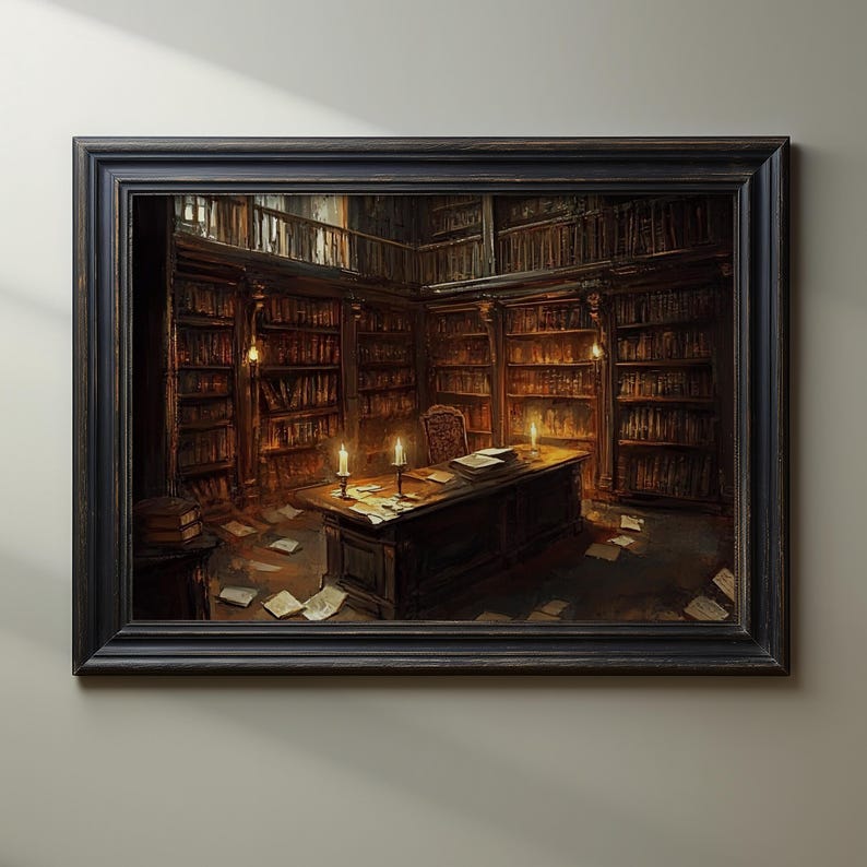 Vintage Library, Candlelit Study, Gothic Decor, Dark Academia Art, Book Lover Print, Home Library Art, Fantasy Room Decor, Literary Wall Art afbeelding 2