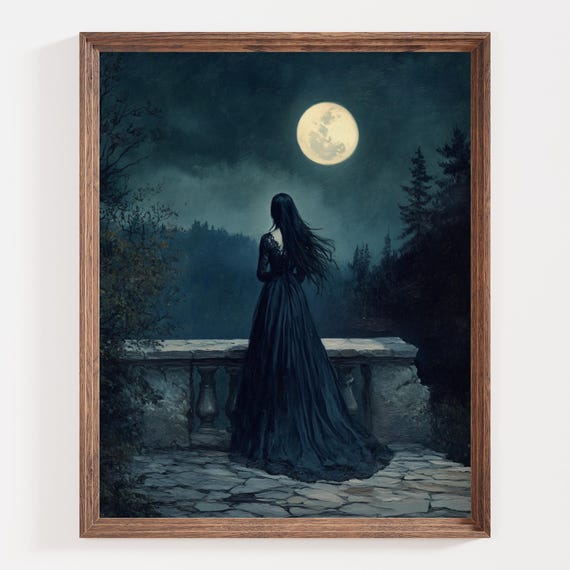 Gothic Moonlight Art Print, Dark Romantic Wall Decor, Woman in