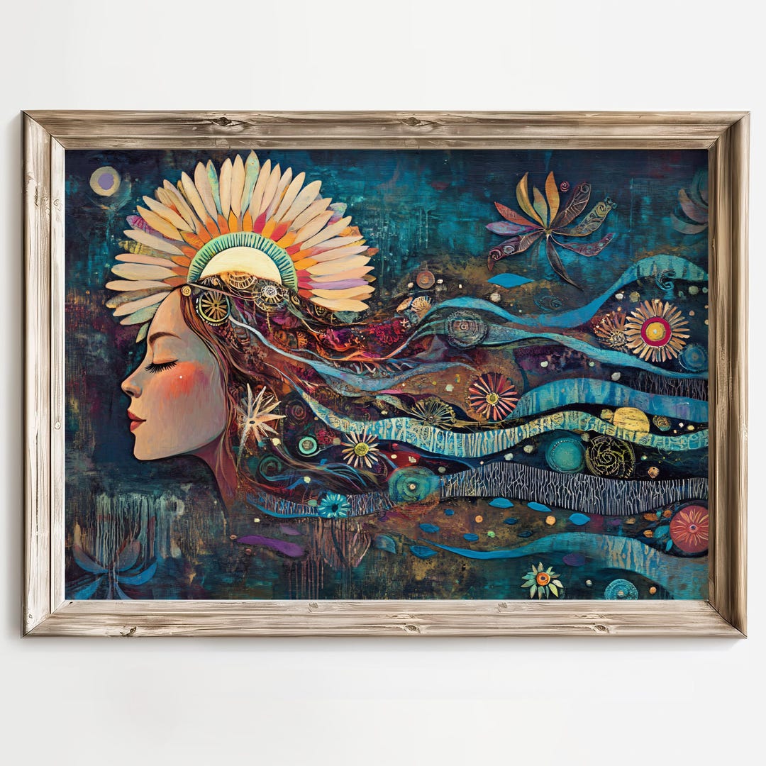 Picture of Bohemian Art Print, Whimsical Female Portrait, Abstract Floral Design ...