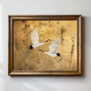 Gold Crane Wall Art, Japanese Crane Painting Print, Red Crowned Cranes, Minimalist Zen Decor, Oriental Bird Art, Elegant Nature Poster