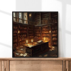 Vintage Library, Candlelit Study, Gothic Decor, Dark Academia Art, Book Lover Print, Home Library Art, Fantasy Room Decor, Literary Wall Art afbeelding 9
