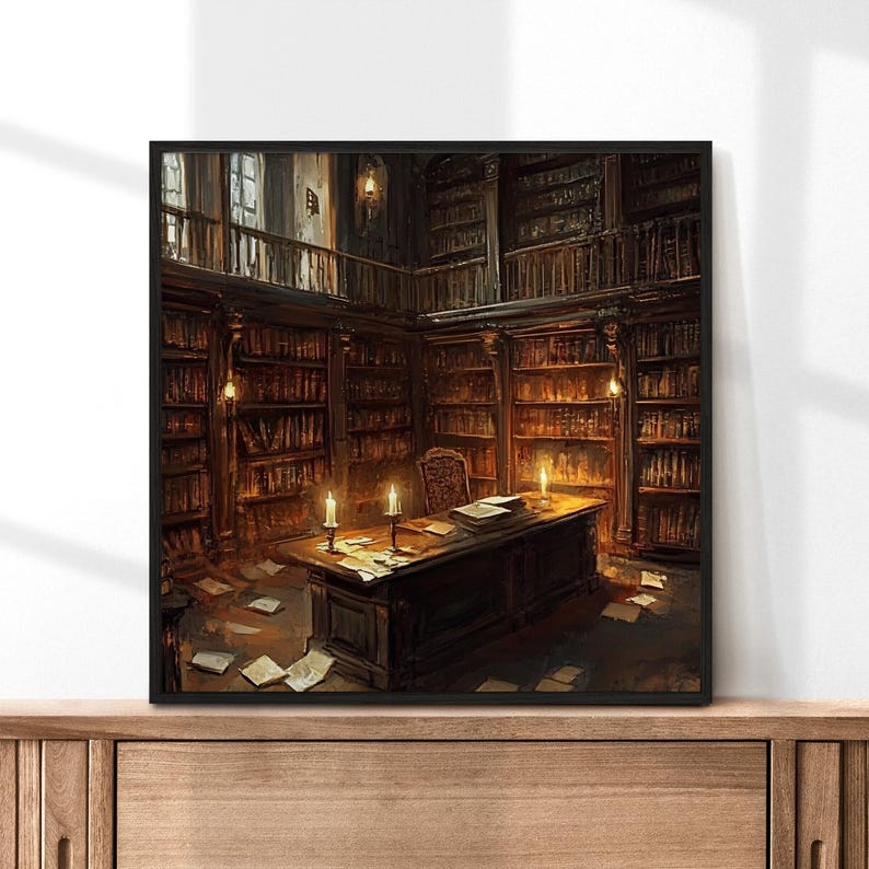 Vintage Library, Candlelit Study, Gothic Decor, Dark Academia Art, Book Lover Print, Home Library Art, Fantasy Room Decor, Literary Wall Art afbeelding 9