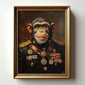 May include: A painting of a chimpanzee in a military uniform with medals and decorations. The chimpanzee is wearing a black uniform with gold trim and a red sash. The background is a dark brown.