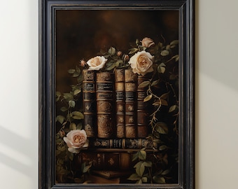 Antique Books With Roses Print, Vintage Library Wall Art, Romantic Floral Decor, Elegant Book Lover Gift, Botanical Art, Classic Home Decor