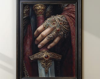 Fantasy Sword Art Print, Regal Hand with Jewel-Encrusted Glove, Medieval Knight Artwork, Ornate Sword and Armor Artwork, Fantasy Wall Decor