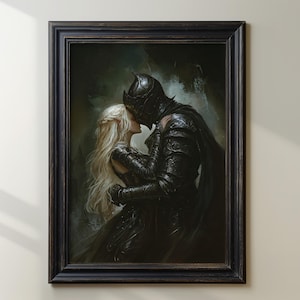 Dark Fantasy Romance Art Print, Elf And Knight Kiss, Gothic Love Wall Decor, Medieval Couple Poster, Fantasy Illustration, Lovers Gift