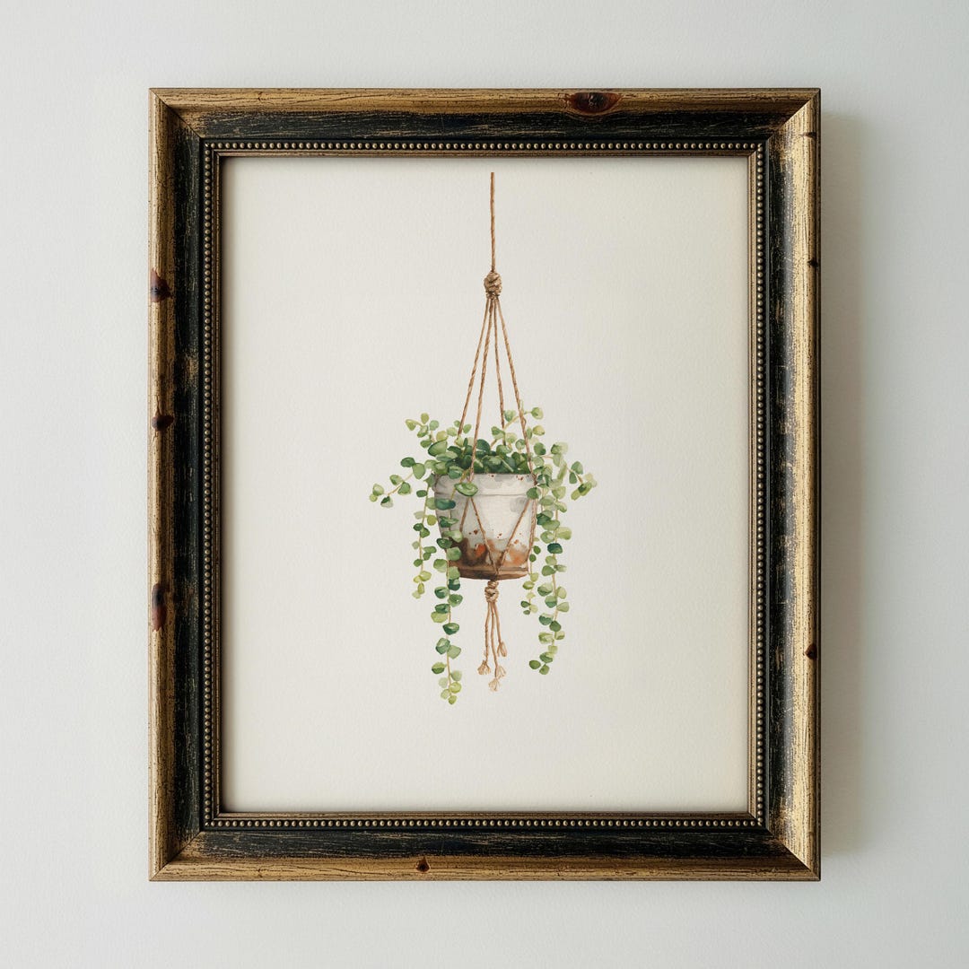 Hanging Plant Wall Art Print, Macrame Planter Botanical Painting ...