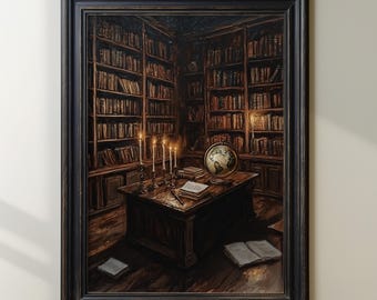 Vintage Library Art Print, Dark Academia Art Style, Candlelit Room Artwork, Antique Book Decor, Study Room Wall Art, Globe and Books