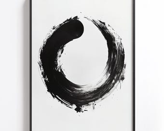 Zen Enso Circle Wall Art, Minimalist Japanese Ink Brush Painting, Black and White Abstract Print, Modern Zen Decor, Meditation Room Artwork