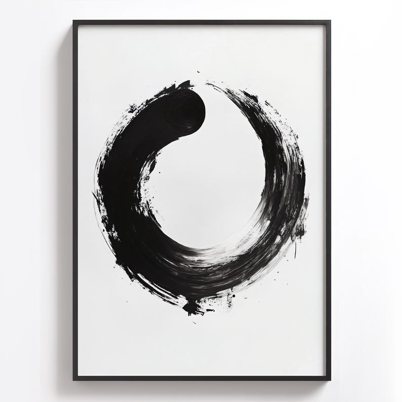 Zen Enso Circle Wall Art, Minimalist Japanese Ink Brush Painting, Black ...