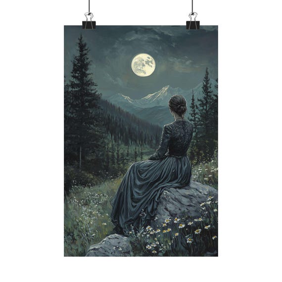 Full Moon Art Print, Woman in Forest, Romantic Gothic Wall Art
