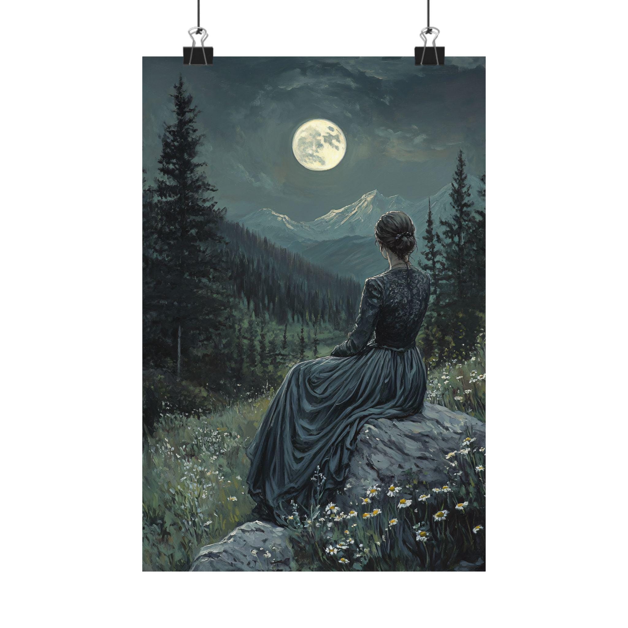 Full Moon Art Print, Woman in Forest, Romantic Gothic Wall Art