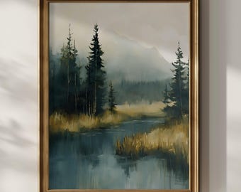 Misty Mountain Landscape Print, Serene Nature Wall Art, Foggy Forest Painting, Rustic Cabin Decor, Tranquil Wilderness Artwork, Moody Nature