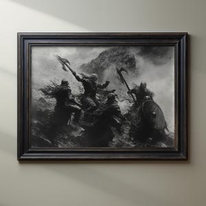Viking Battle Scene Wall Art, Nordic Warrior Matte Print, Norse Mythology Decor, Black and White Viking Art, Gift for History Enthusiasts