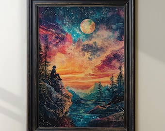 Surreal Sunset Art Print, Cosmic Landscape, Psychedelic Nature Wall Art, Mystical Moon Painting, Boho Galaxy Sky, Trippy Forest Poster