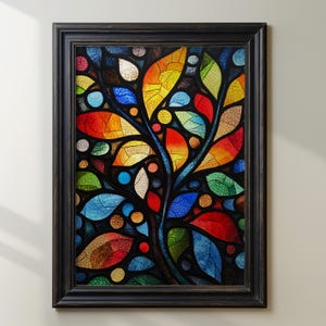 May include: A framed abstract art print featuring a colorful stained glass style design of a tree with leaves in shades of red, yellow, blue, green, and brown.