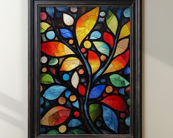 Stained Glass Wall Art, Colorful Tree of Life Print, Vibrant Abstract Wall Decor, Modern Stained Glass Poster, Bohemian Home Decor