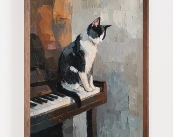Black and White Cat Art Print, Moody Piano Cat Painting
