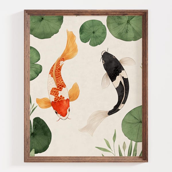 Watercolor Koi Painting Print, Koi Fish Art, Zen Japanese Watercolor Painting, Lily Pad Wall Art, Koi Pond Art, Aquatic Art, Gift For Her