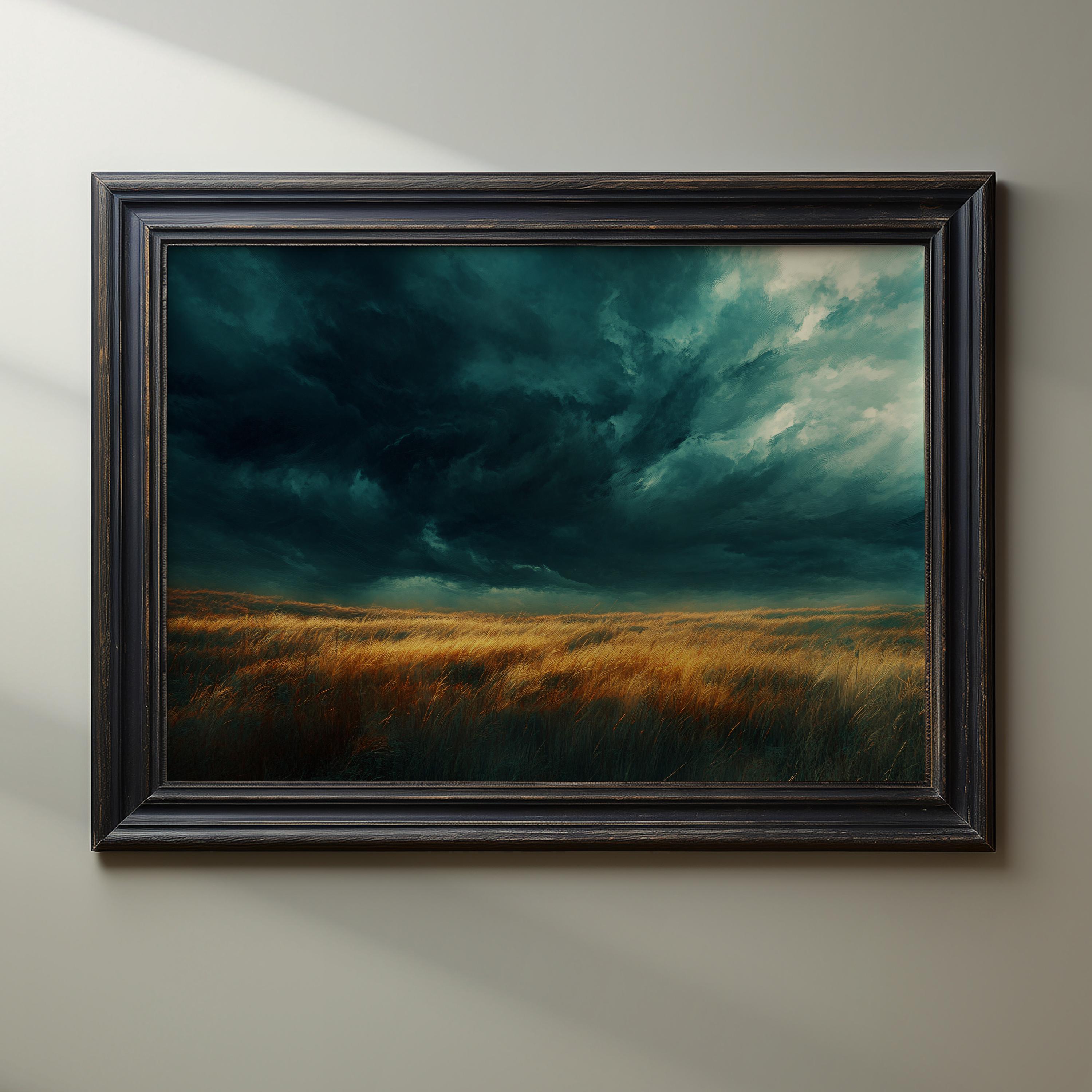 Dark Clouds Painting, Moody Landscape, Atmospheric Wall Art, Dark Sky