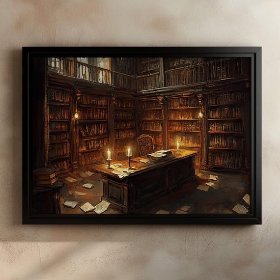Vintage Library, Candlelit Study, Gothic Decor, Dark Academia Art, Book Lover Print, Home Library Art, Fantasy Room Decor, Literary Wall Art