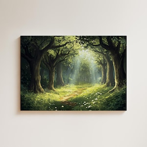 May include: A rectangular wall art print featuring a forest landscape with tall, dark-trunked trees framing a central dirt path. Sunlight filters through the dense green canopy, illuminating the grassy forest floor and small white flowers.