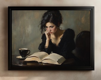 Romantic Portrait, Woman Reading Book, Bookish Art, Vintage Style Art, Coffee Cup Art, Thoughtful Woman, Classic Painting, Cozy Art Decor