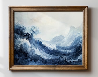 May include: A framed painting of a large, crashing wave in shades of blue and white. The wave is depicted in a dramatic, almost abstract style, with swirling lines and textures. The background is a hazy, light blue, suggesting a stormy sky.