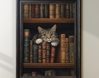 Tabby Cat In Bookshelf Print, Vintage Library Art, Literary Cat Decor, Cozy Bookish Wall Art, Cute Cat Lover Gift, Antique Books Wall Decor