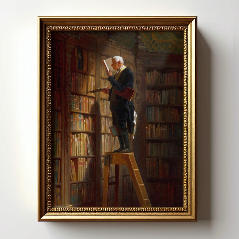 The Bookworm Art Print, Vintage Library Painting, Classical Book Lover Decor, 19th Century Reading Artwork, Antique Literary Wall Art image 1