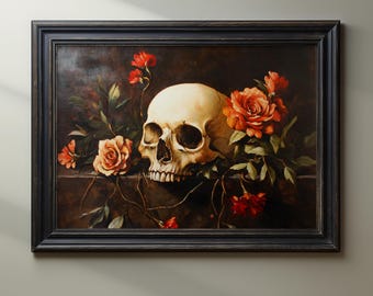 Skull And Roses Art Print, Memento Mori Poster, Dark Floral Wall Art, Gothic Still Life Decor, Macabre Skull Painting, Baroque Skull Artwork
