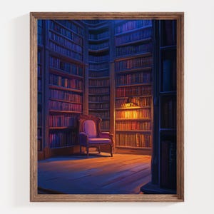 Cozy Library Art Print, Enchanted Bookshelf Poster, Vintage Reading Nook Decor, Warm Book Lover Gift, Magical Literary Art, Candlelit Room