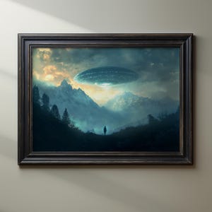 UFO Landscape Art Print, Alien Spaceship in Mountains, First Contact Art, Futuristic Artwork, Mysterious Sky Scene, Extraterrestrial Artwork