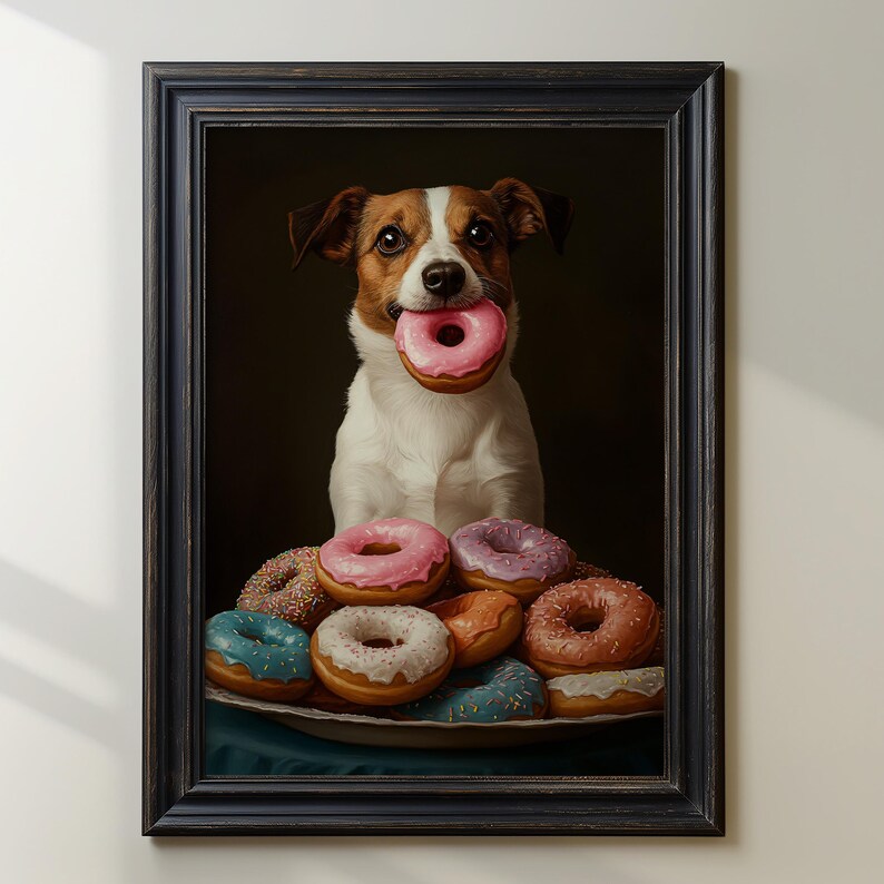 Funny Dog With Donut, Jack Russell Terrier Print, Cute Dog Wall Art, Donut Lover Print Dog Kitchen Decor, Pet Portrait, Colorful Donuts Art image 6