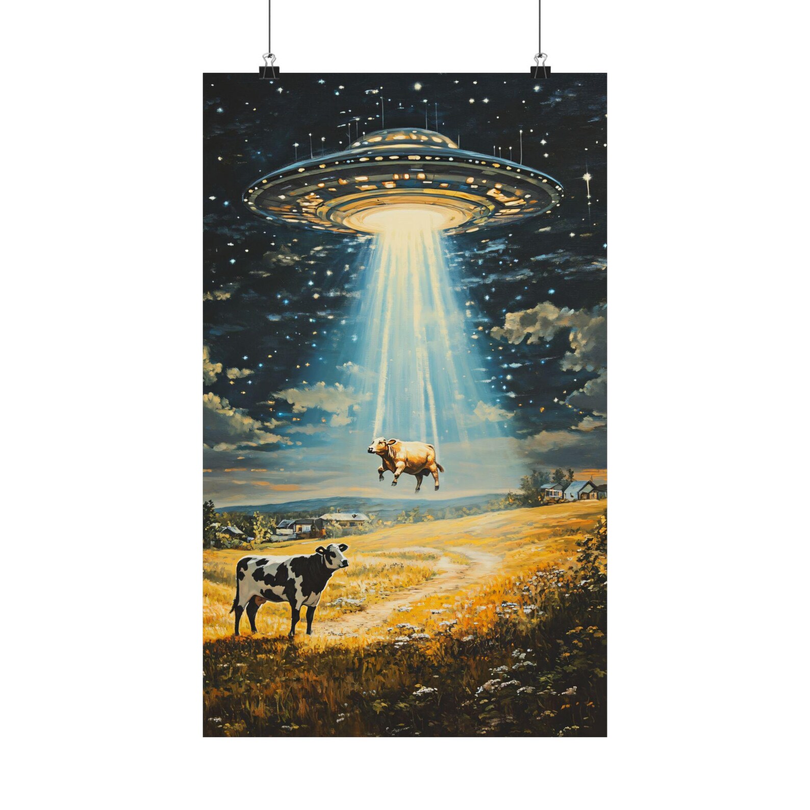 UFO Cow Abduction Art Print, Alien Spaceship Wall Art, Funny Farmhouse ...
